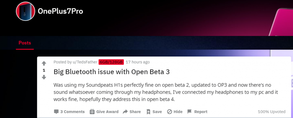 OnePlus 7 Pro open beta 3 Bluetooth issue 
