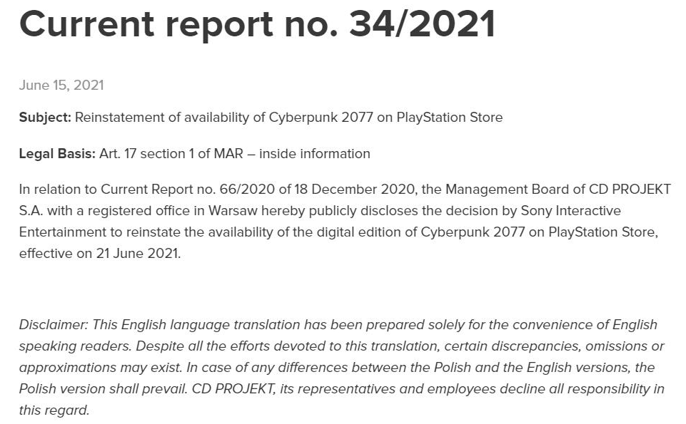 Cyberpunk 2077 back in Sony PlayStation