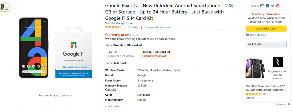 Google Pixel 4a out of stock