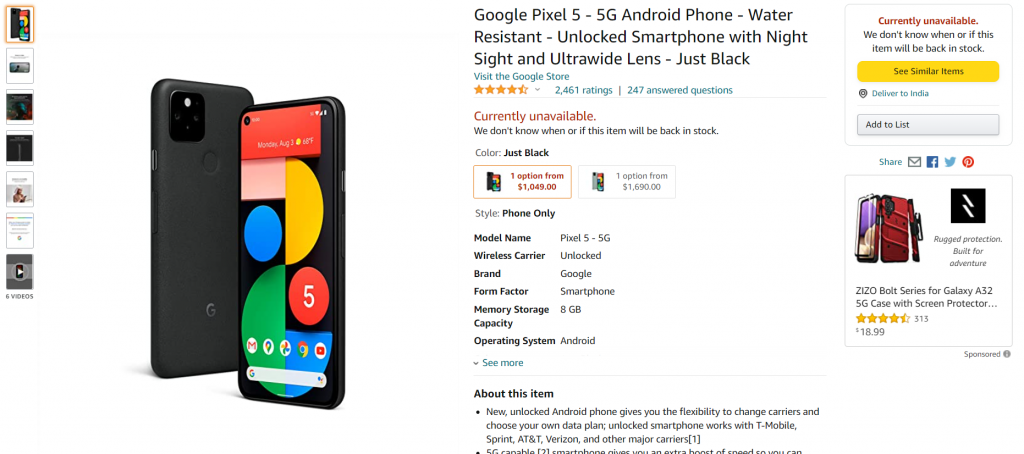 Google Pixel 5 out of stock