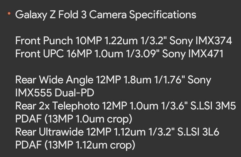 Galaxy Z Fold 3 camera parameters